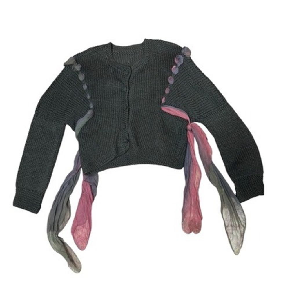 Vintage romantic chunky Knit Sweater silk   Trimming Black Size M